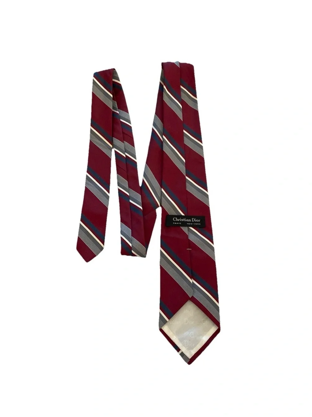 VTG Christian Dior Men’s Necktie Maroon White Blue Stripe Logo Wording